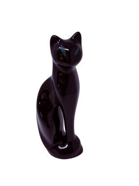 Vintage Mid Century Black Cat Figurine Glossy Ceramic 8" Tall Art Deco Style